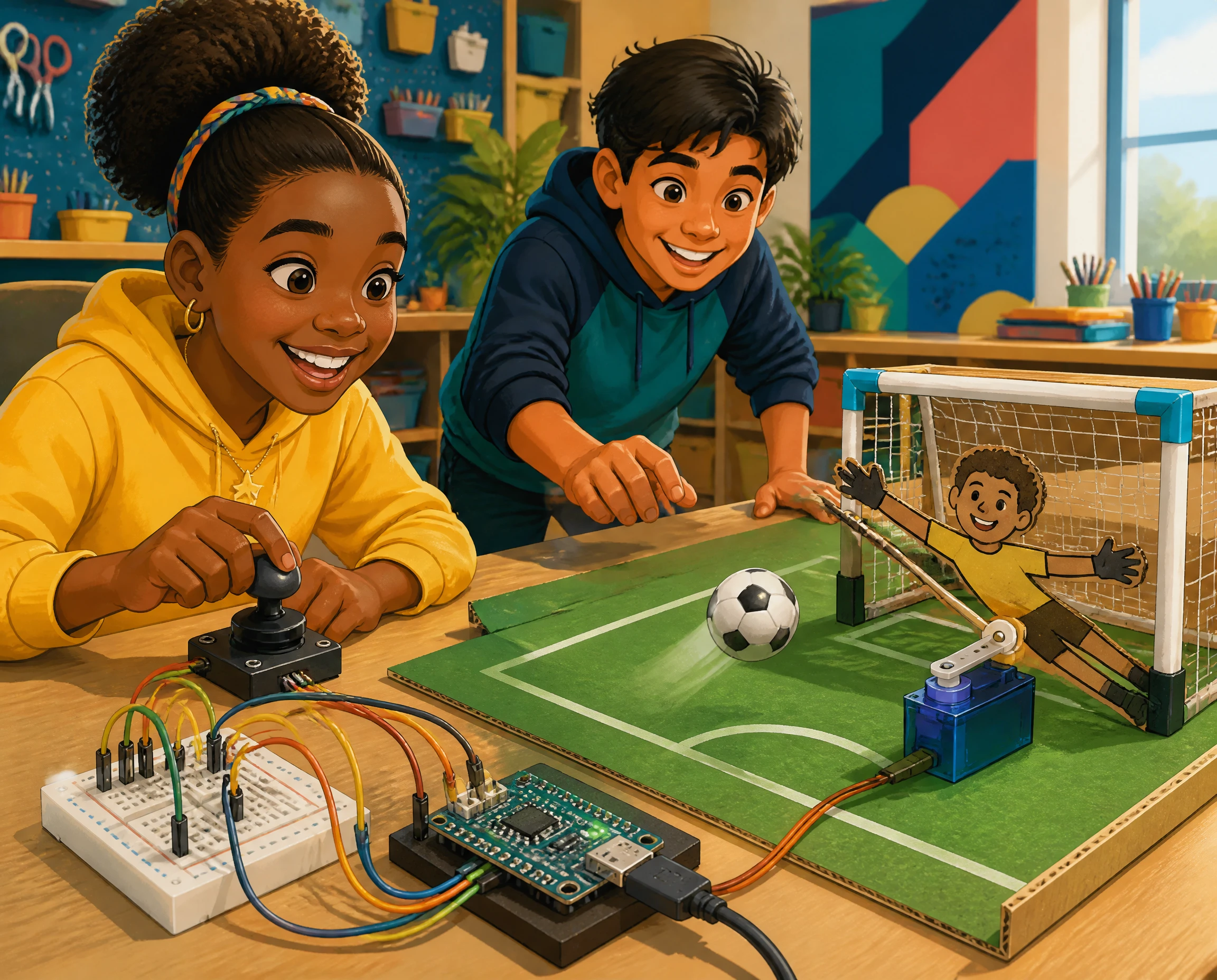 African American and Latino students playing the joystick-controlled soccer goalie game